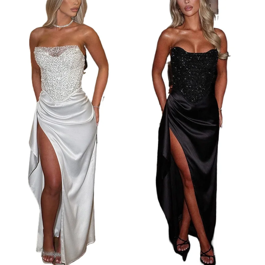 

Sexy Strapless High Low Sequined Party Evening Dress Black White