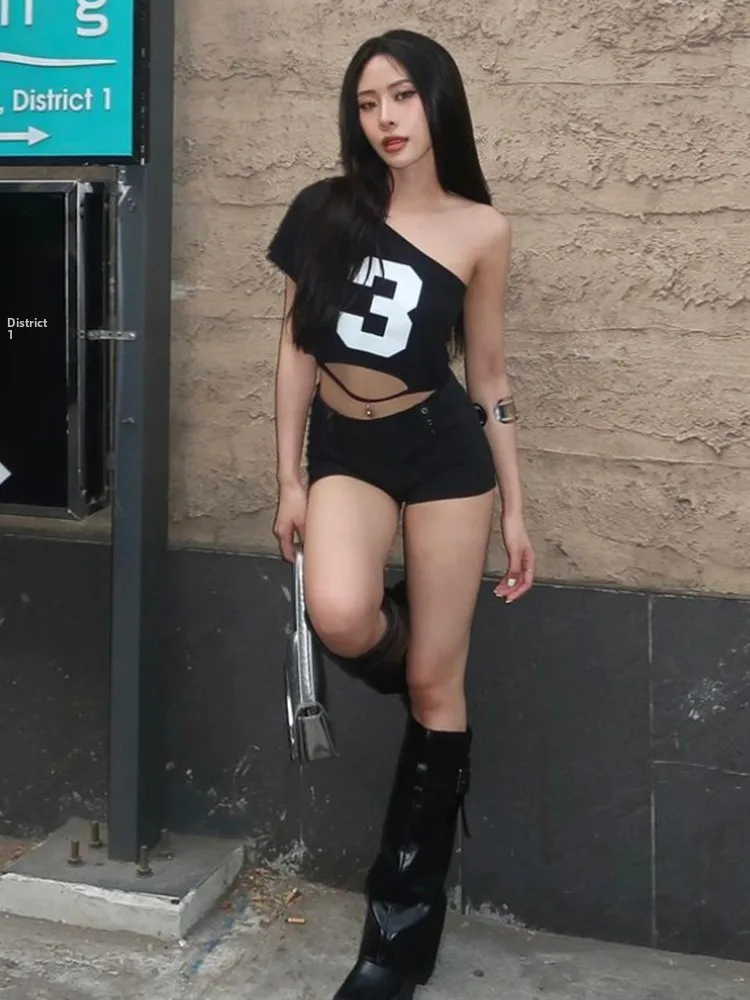 Minceur bizarre Puss Street Sle T-irt femmes ort Sve imprimé danse pratique Sexy oulder Baring haut court pour les jeunes