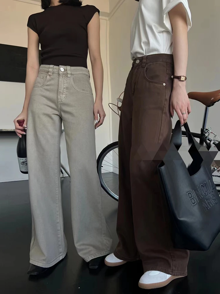 Vintage Women High Waist Wide Leg Loose Casual Jeans Basic Y2K Fashion Pocket Zipper Denim Pants Coffee Khaki Trousers 2024 New