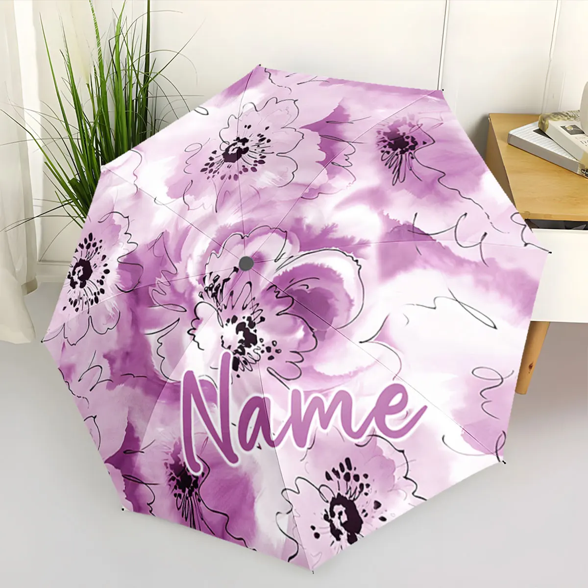 Custom Name Floral Pattern Purple Umbrella Design Print 8 Iron Ribs Folding Umbrella, Auto-Open Fashion Sunshade