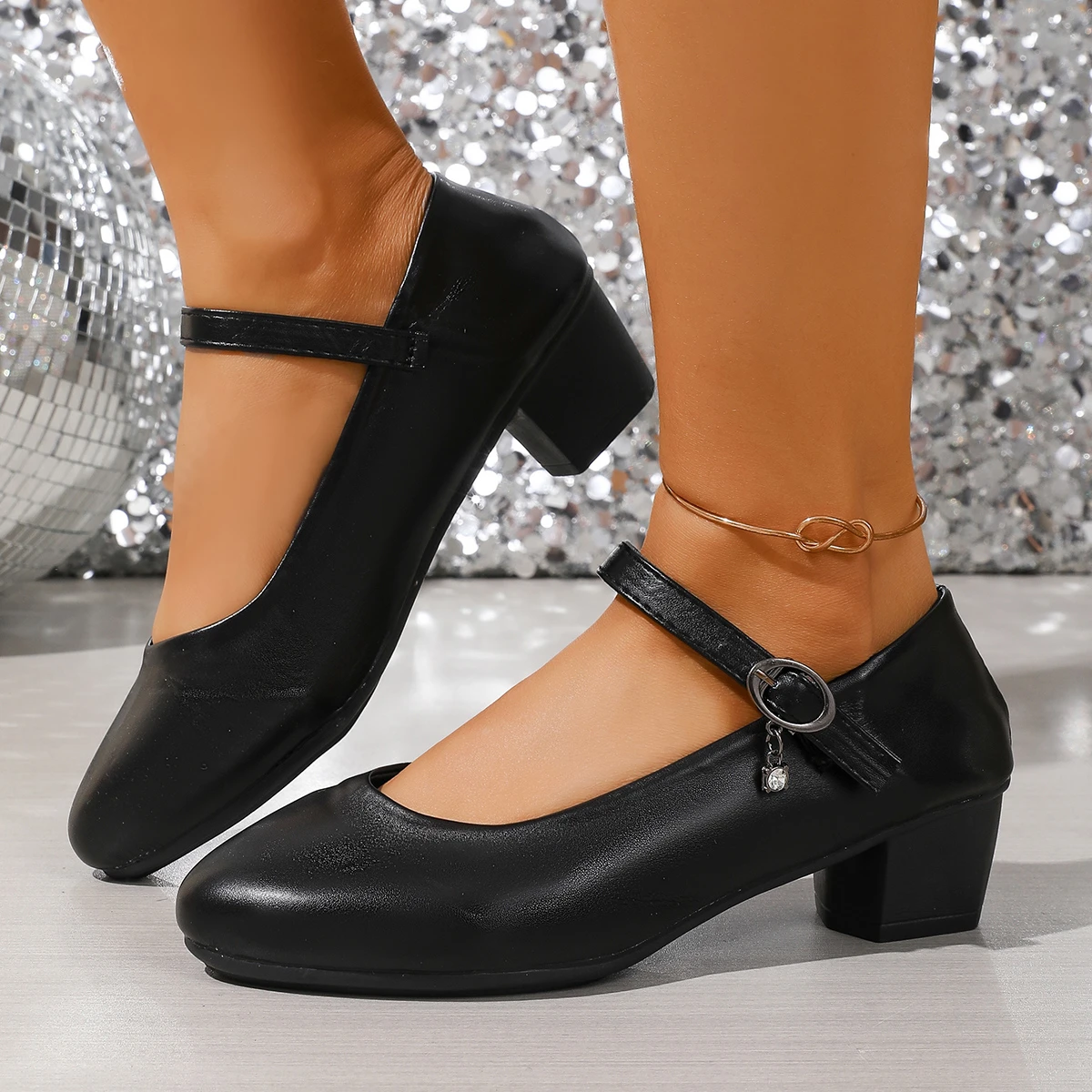 New Women's Medium Heel Pumps Soft Leather Non-Slip with Adjustable Buckle, Comfortable for Daily Casual Wear High Heel Shoes