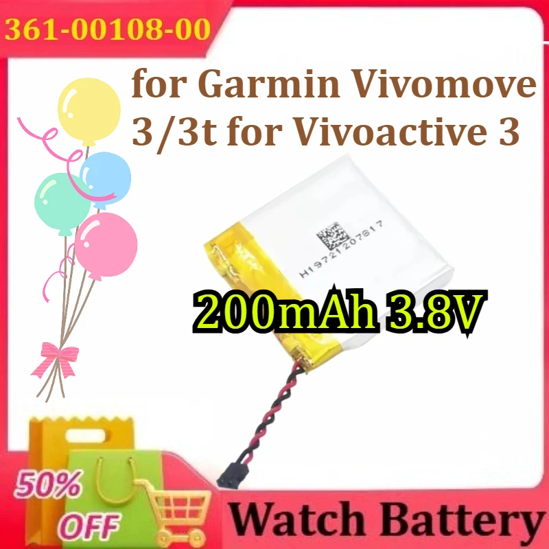 

New 361-00108-00 for Garmin Vivomove 3/3t Battery /Vivoactive 3 Music Watch Battery 200mAh 3.8V