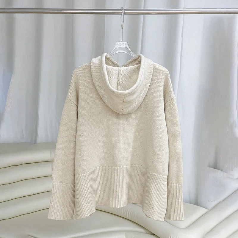 spring and summer wool blend ribbed hooded knit pullover women2024korean fashion loose casual and warm Women\'s long sleeve top