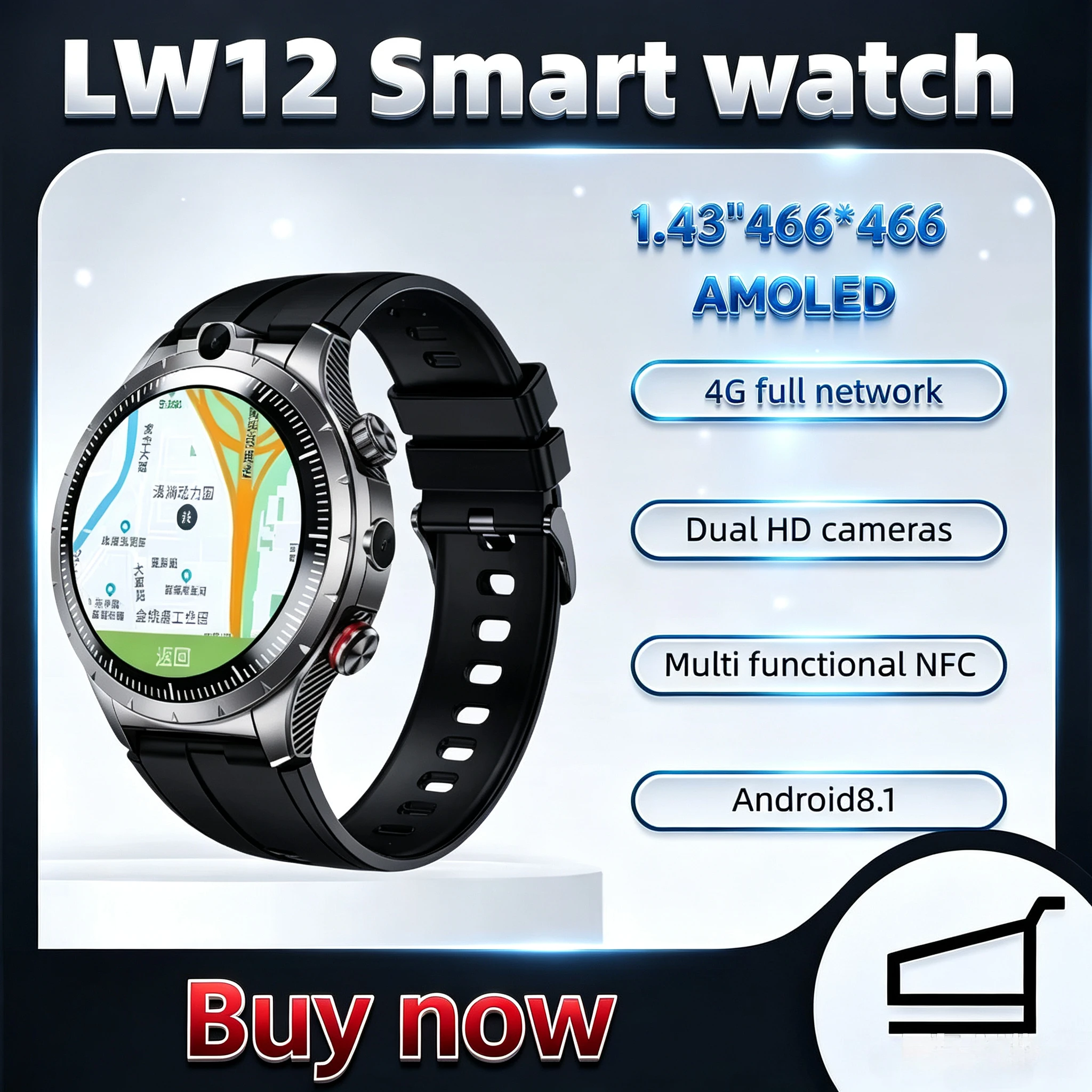 4G LW12 smartwatch 1.43 '' 466 * 466 hd resolution dual camera Android 9.0 Sim card GPS positioning WIFI application Dwonload
