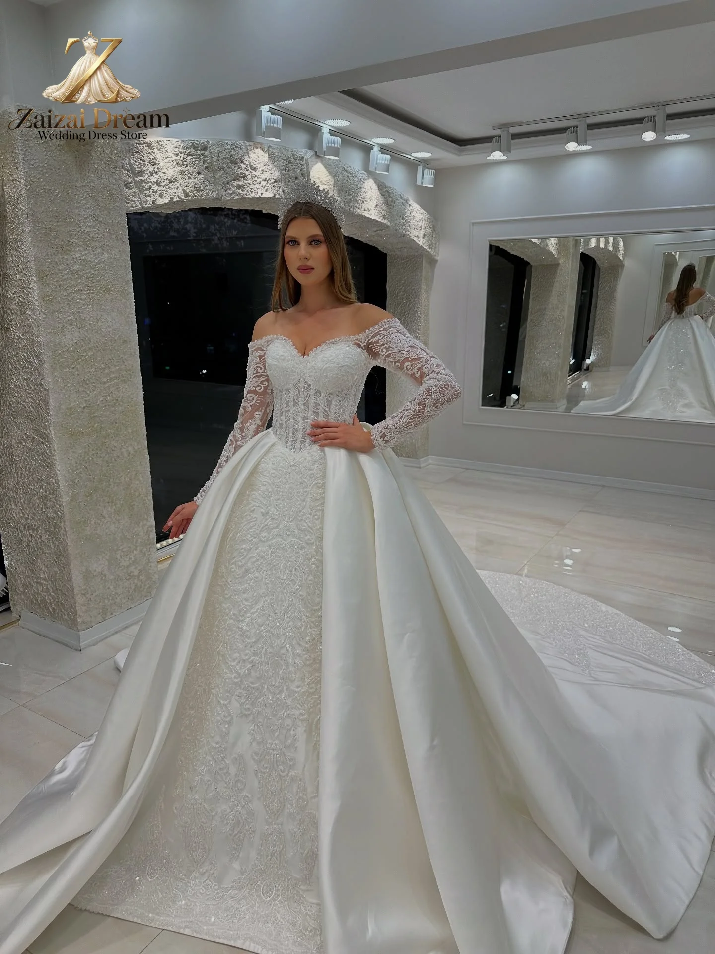 Customized Luxury Pearl Beaded Ball Gown Wedding Dress Long Sleeve Sparkly Bridal Gown Custom Size Plus Size Vestidos De Novia