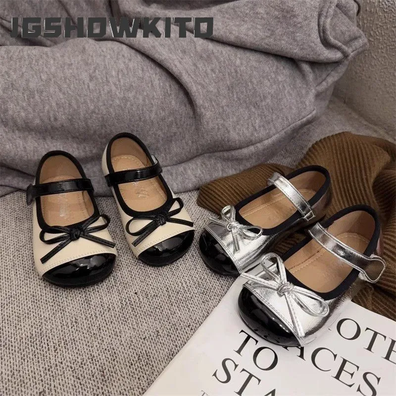 

JGSHOWKITO Classic Children's Patchwork Flat Shoes Princess Bow Girls Leather Shoes First Walker Non-slip Kids Mary Jane Shoes
