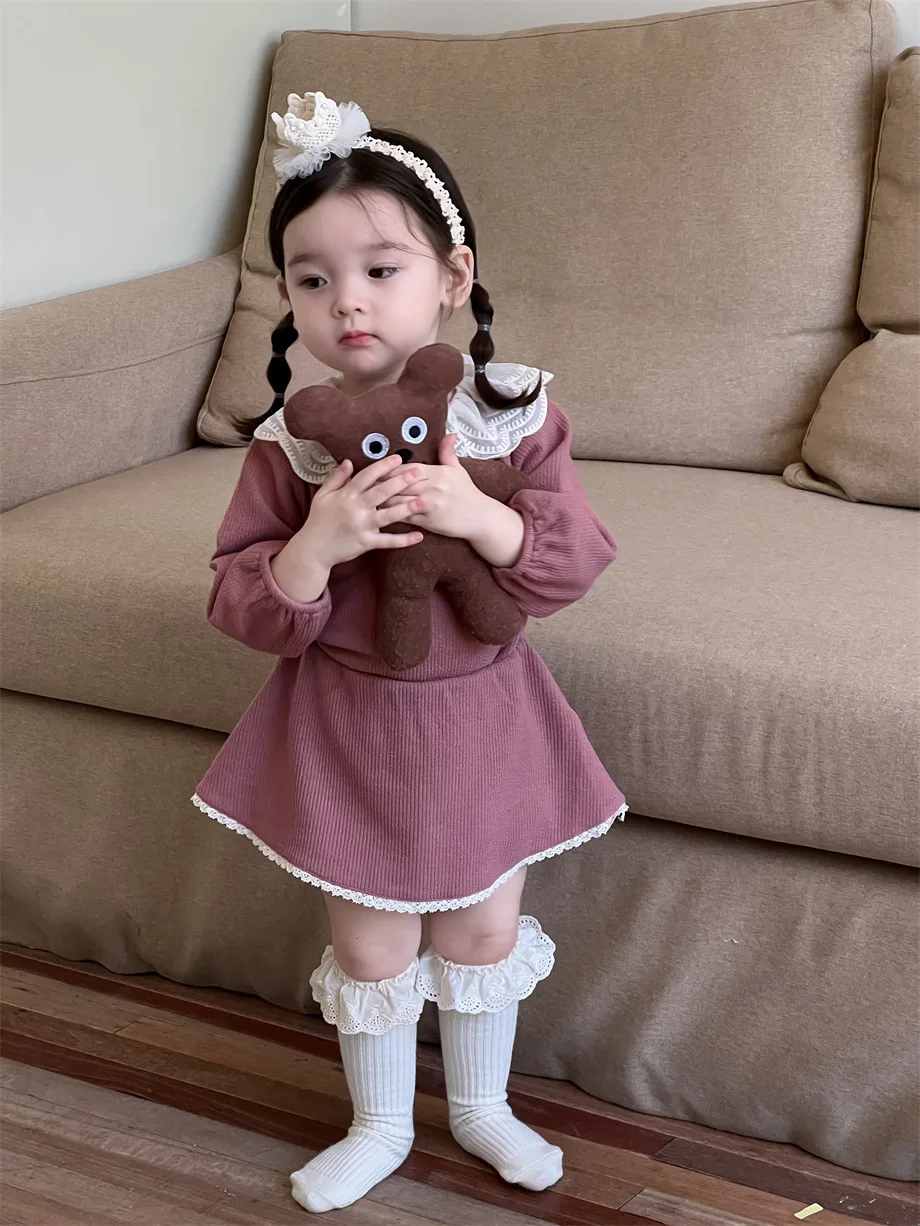 2024 Autumn New Baby Girl Long Sleeve Cotton Shirts Kids Girls Lace Collar Dress Infant Casual Princess Dress Fashion Clothes