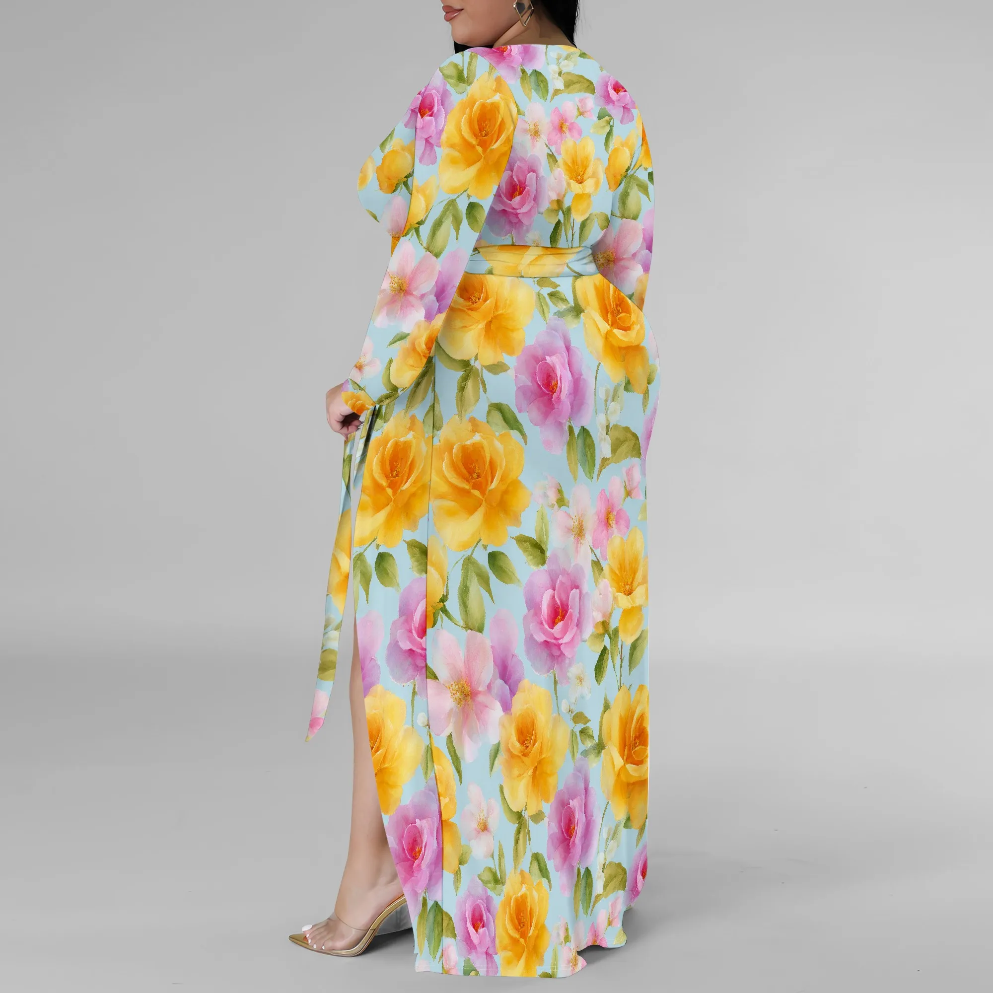 Plus Size Dresses for Women Floral Print Maxi Dress Slit Flowy 3/4 Sleeve with Belt