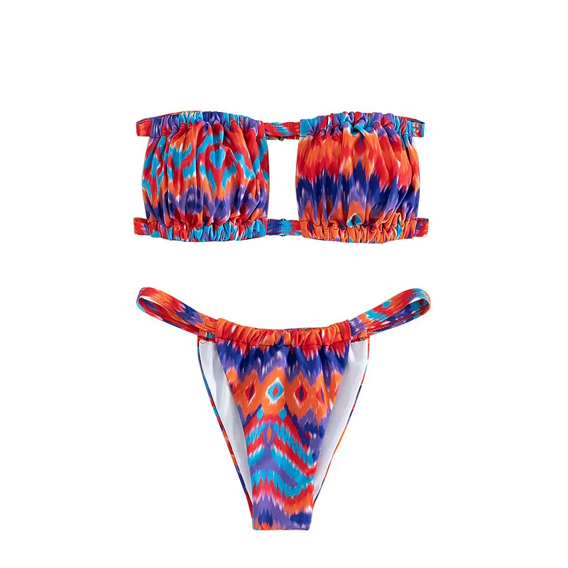 2025 Off Shoulder Muticolor Printed Bandeau Bikini Set Women's Sexy Triangle Two-Piece Swimwear Sexy Thongs Panties Swimsuit New