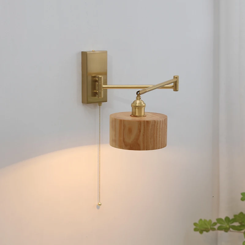 Rotate Wall Lamp Sconce Pull Chain Switch light Bedroom interior wall lamp with plug Stair Light Wooden Lampshade room decor