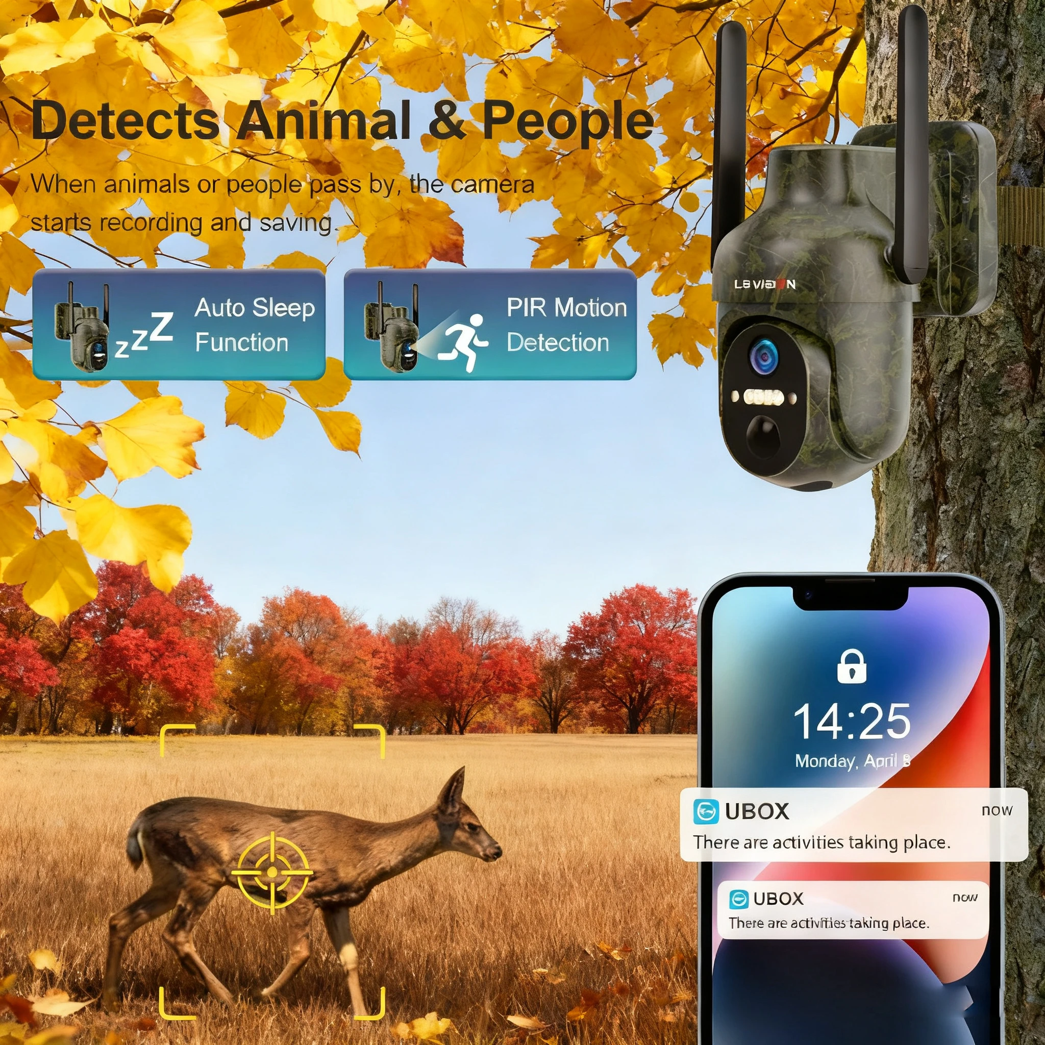 Ubox 4G SIM Outdoor Wildlife Camera 4MP Solar Hunting Trail Camera WiFi Security Camera Auto Tracking Night Vision PIR Detection