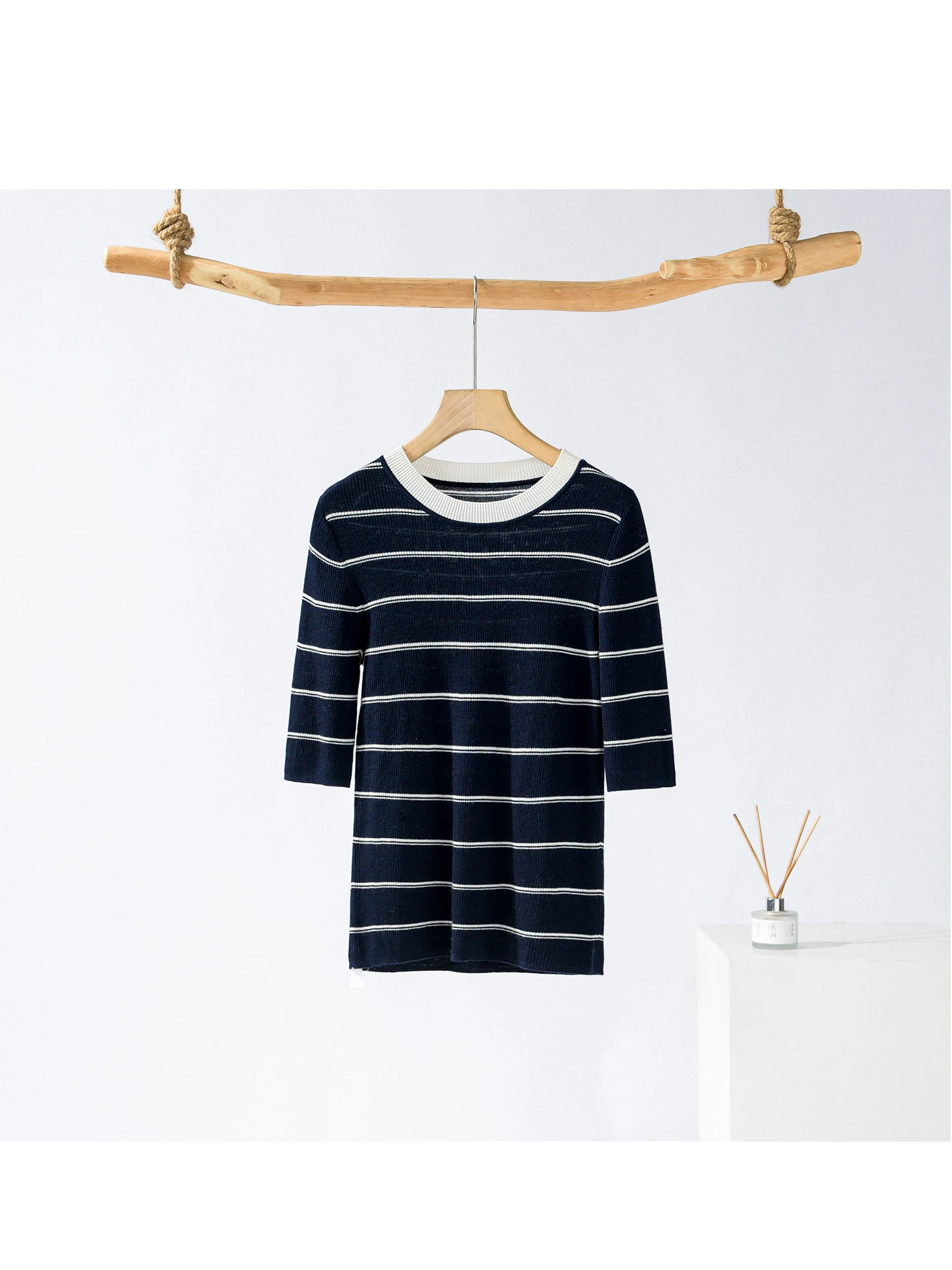 

Pure Wool Knitted Sweater Slim Fit Striped Long Sve round Ne Five Points Coat Chinese Sle Women's Faion Commute Sle