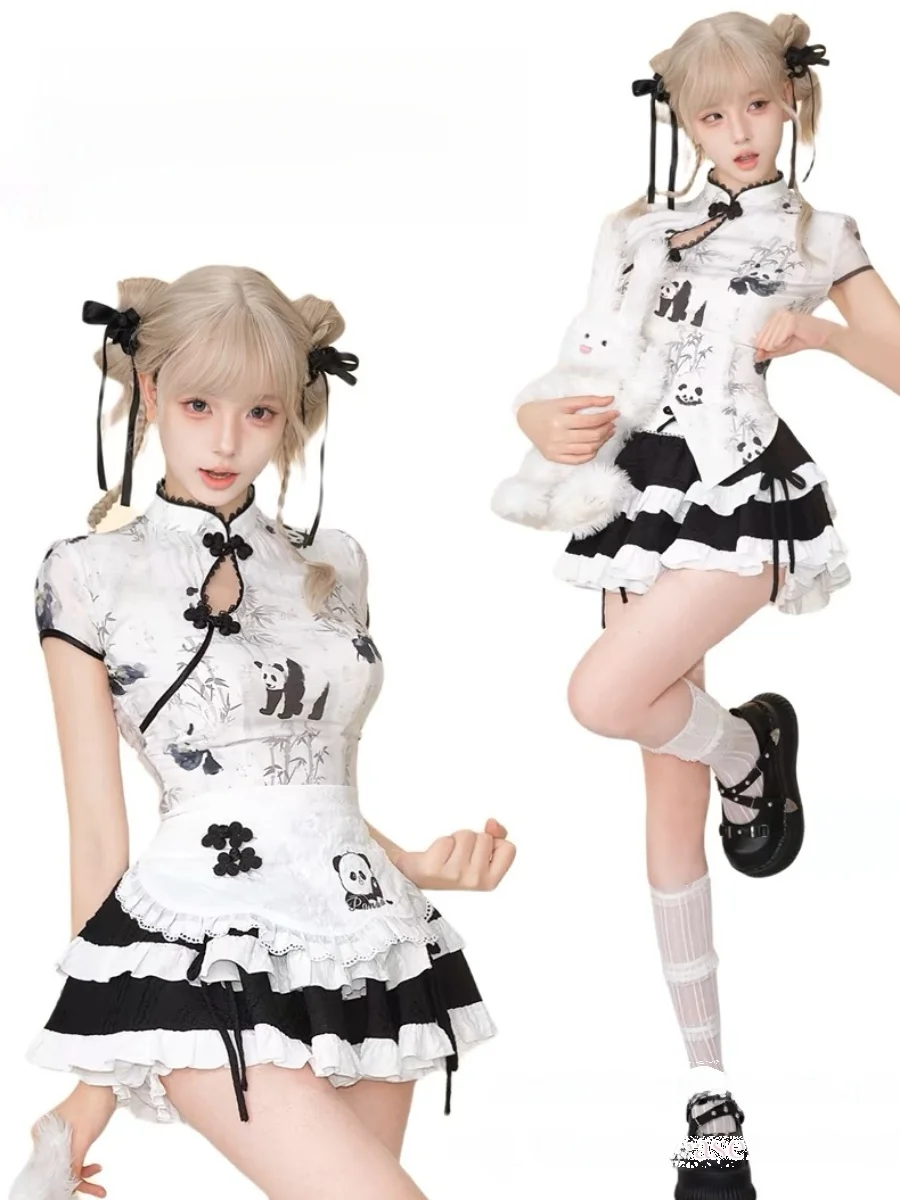 

Китайский комплект Sle с высокой талией и принтом панды, топ на пуговицах и юбка, футболка Maids orm, женская мода