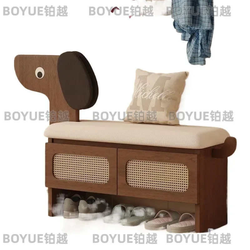 for Solid Wood Shoe Cabinet with Rattan Door Leaf Integrated Entryway Stool for Household Puppy Area Change Shoes Storage