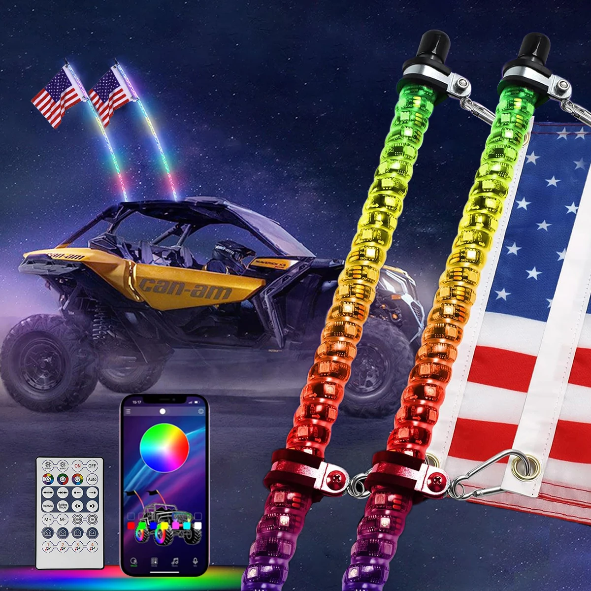 2PCS 1FT LED Whip Lights,Remote Control Flagpole Antenna Whips,for UTV, ATV, Off Road, Truck, Sand, Buggy Dune, RZR