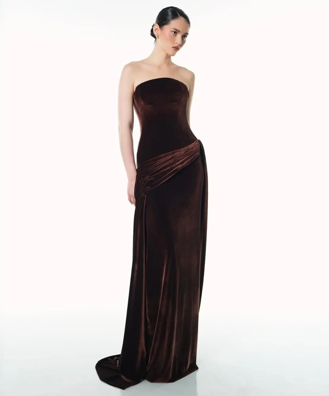 Robes de soirée longues en velours personnalisées, style sirène, sans bretelles, plissée, avec traîne Watteau, robe de bal pour femmes