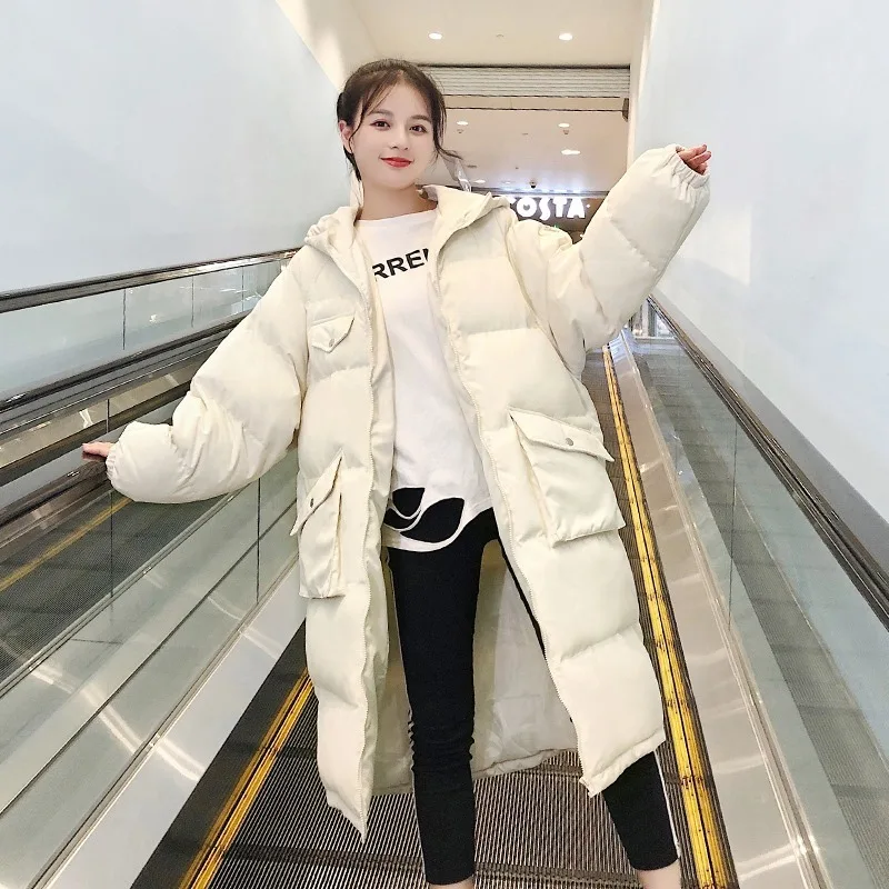 Plus Size Overcoat Winter Warm Cotton Jacket White  New Women Thick Down Padded Jacket Korean Loose Mid-length Hooded Black