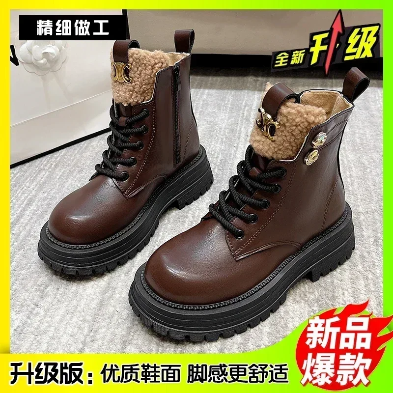 

Women's Fashion Boots Side Zip Waterproof Platform Plush Lining Ankle Boots Thick Sole Anti-slip Shoes Woman 2024 Trend Outdoor