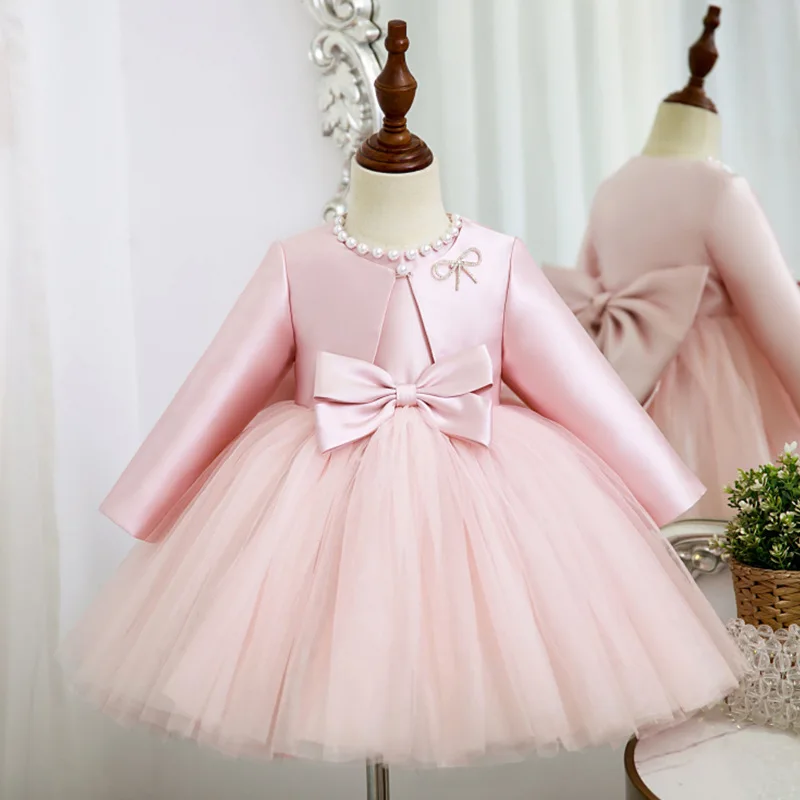 

Baby Girl Princess Dress Child Big Bow Dress+Coat 2Pcs Tutu Vestido Ball Gown Birthday Party Wedding Perform Baby Clothes 2-14Y