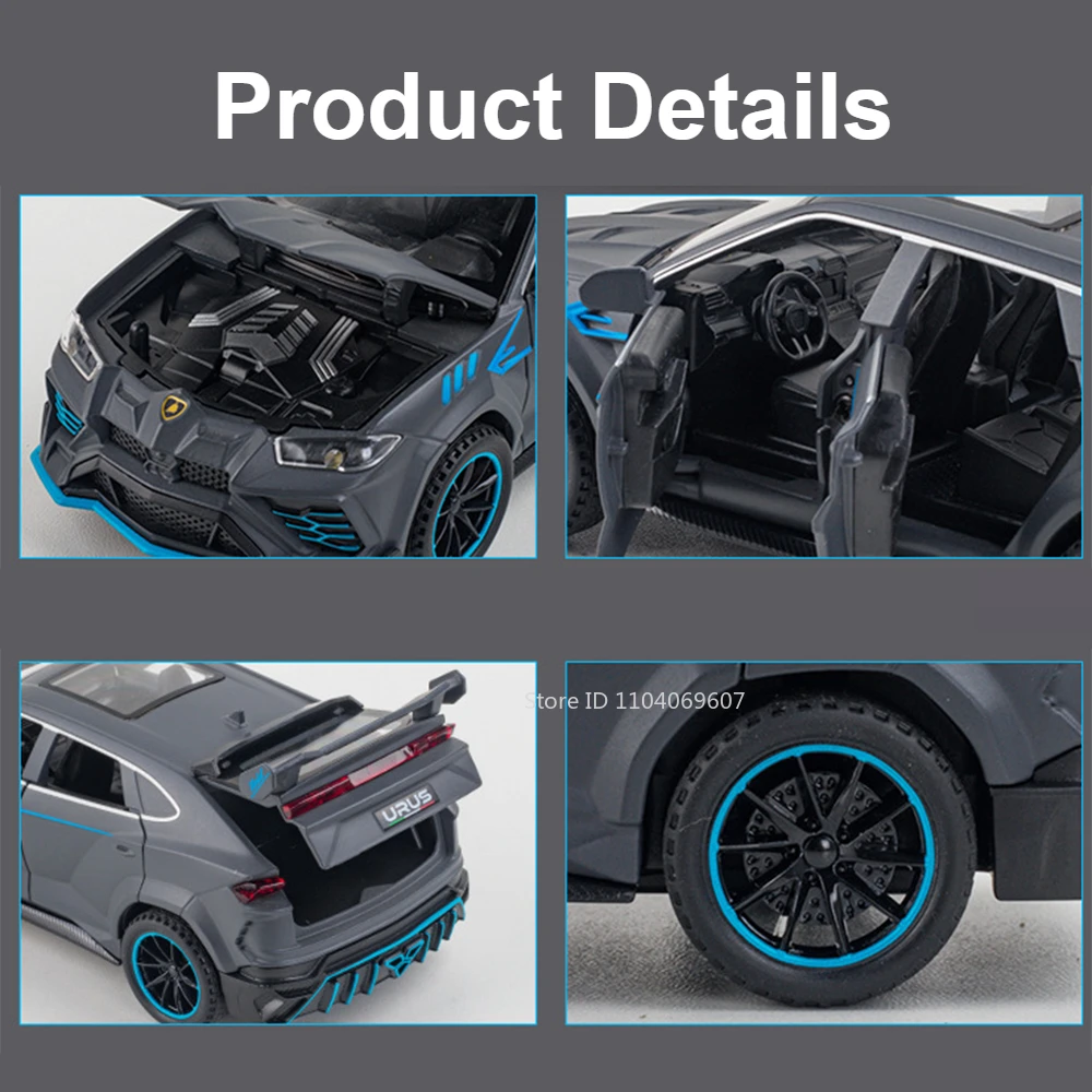 URUS-Modèle réduit de voiture en métal moulé sous pression pour enfant, échelle 1:32, porte ouverte, nervure arrière, véhicule de simulation, décoration, musique, lumière, cadeau