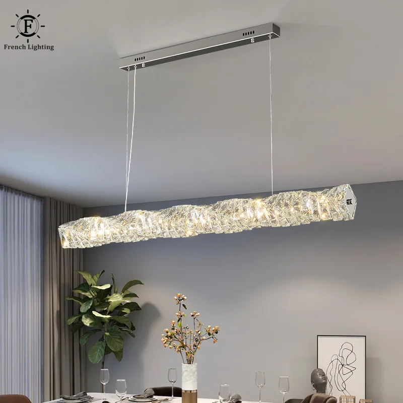 Modern Luxury Crystal Hang Lamp Gold Chrome Metal Dar Dining Room Long Strip Pendant Light for Kitchen