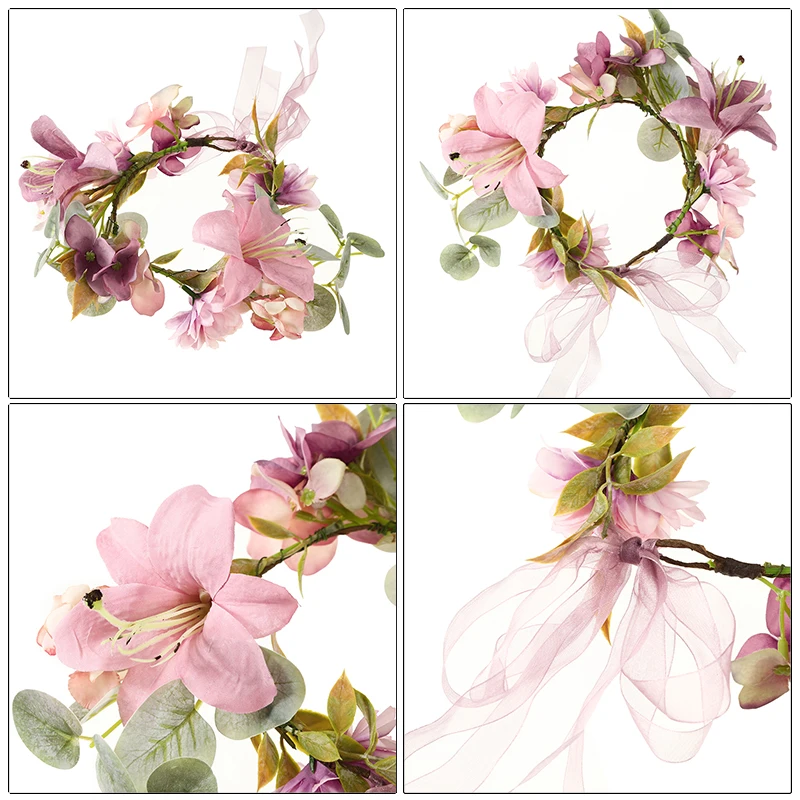 AWAYTR Camellia Flowers Wreath Crown Festival Green Leaf Headband Girl Floral Garland Wedding Floral Women Hair Accessories