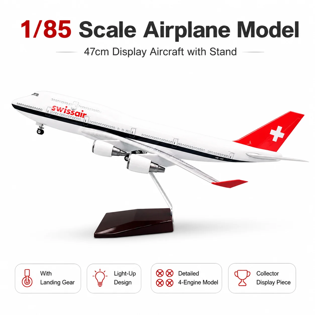 47cm Switzerland B747 Aircraft Model With Bracket Landing Gear 1/85 Scale Die-Cast Resin Aviation Collectible Gift