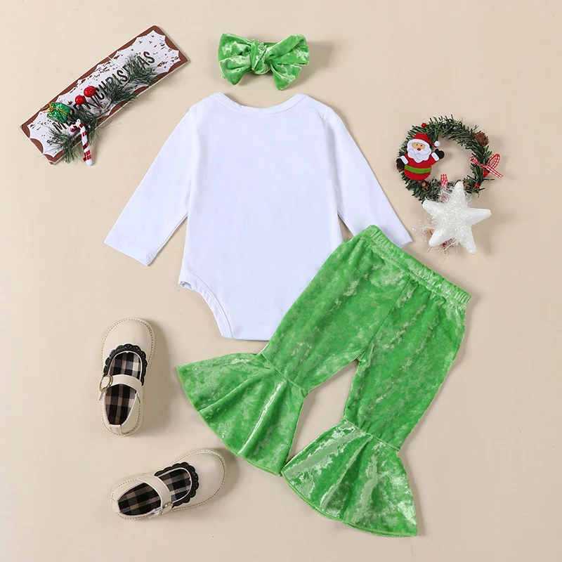 

Baby Girls 3PCS Pants Sets Long Sleeve Letter Print Romper Plush Flared Pants Headband Sets