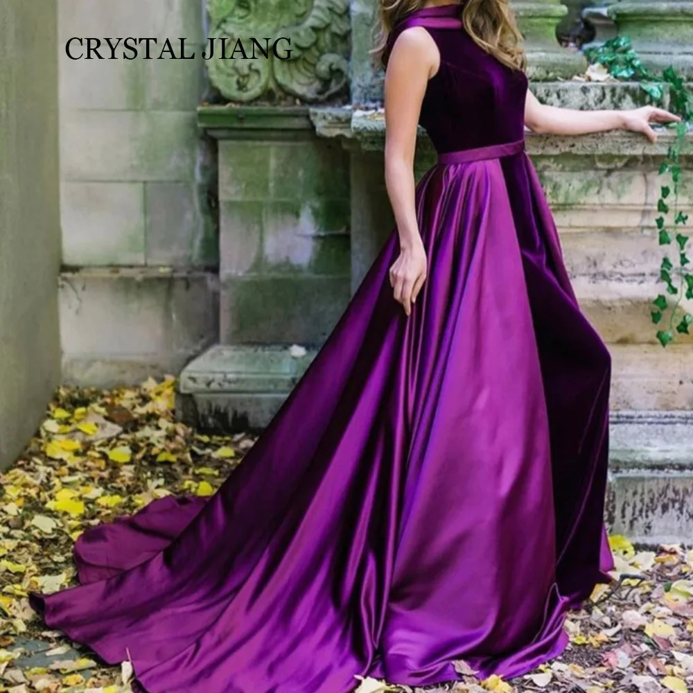 

Classic Long Purple High Neck Satin Velvet Evening Dresses Sleeveless A Line Sweep Train Vestidos Para Eventos Especiales