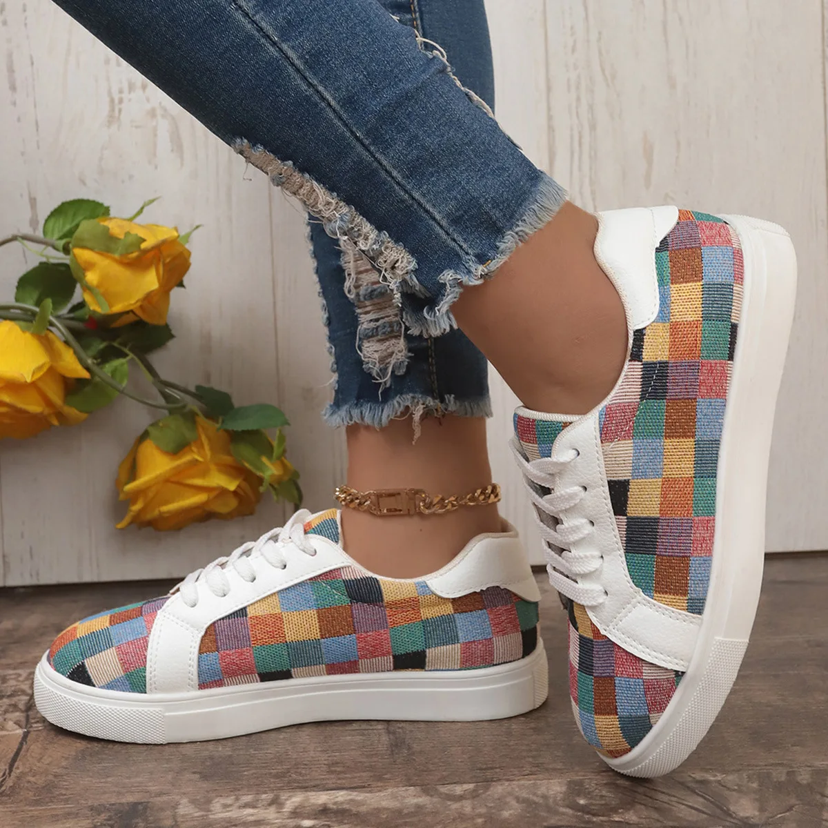 Sneakers Women\'s Canvas Plaid Mixed Colors Casual Shoes Flat Couple Casual Sneakers Low-cut Men and Woman Shoes Tennis Female