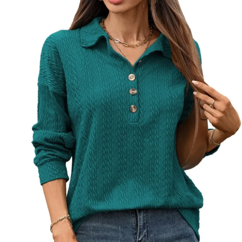 New Autumn Fashion Women's Turn-Down Collar Long Sleeve Tops Buttoned Top Loose Sweatshirt Solid Color Jacquard Lapel Pullover