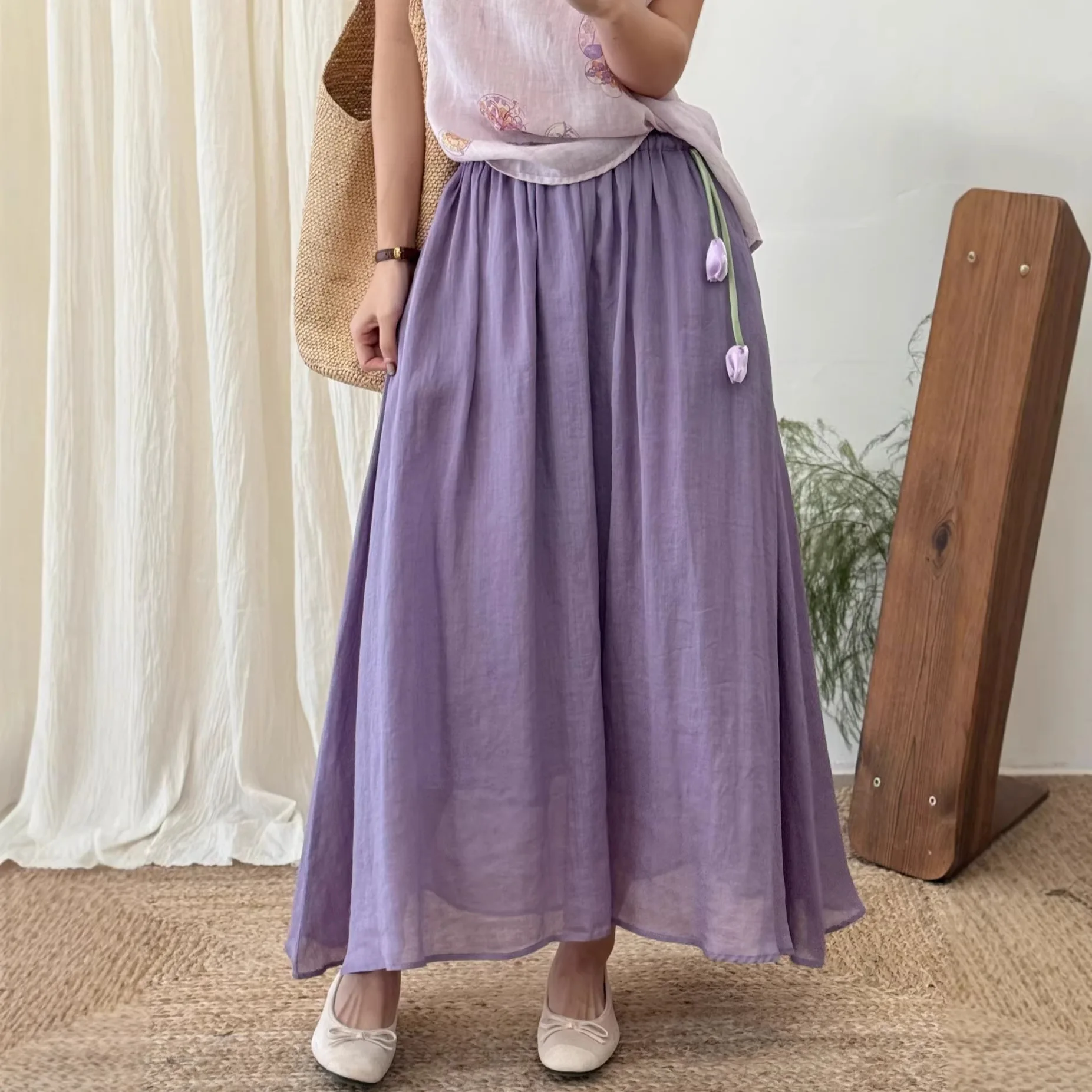 Women Vintage Ramie Skirt Wide Elastic Waistband Flower Pendan Big Swing Skirt Summer New Solid Color Long Skirts