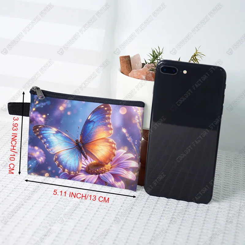 Colorful Butterflies Flowers Graphic Print Coin Bag Blue Rose Women Card Key Earphone Holder Coin Purse for Ladies Zipper Pouch