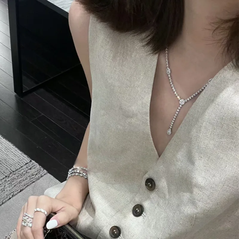 S925 Silver Necklace Two Wear Water Drop Tassel Necklace Y-shaped Fairy Diamond Collar Chain Necklace Jewelry