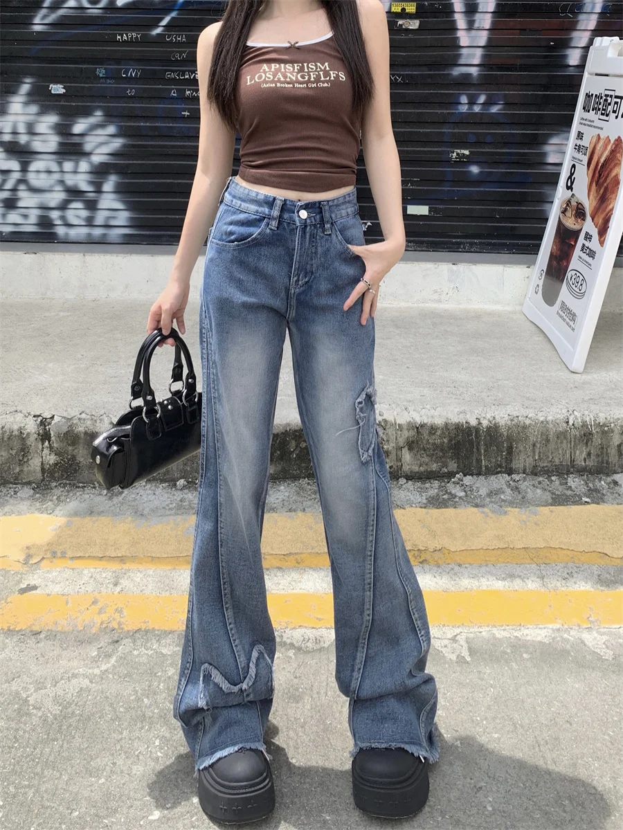 

Slergiri Y2k vintage flared jeans women's butterfly design korean washed denim pants streetwear high waist raw hem long trousers