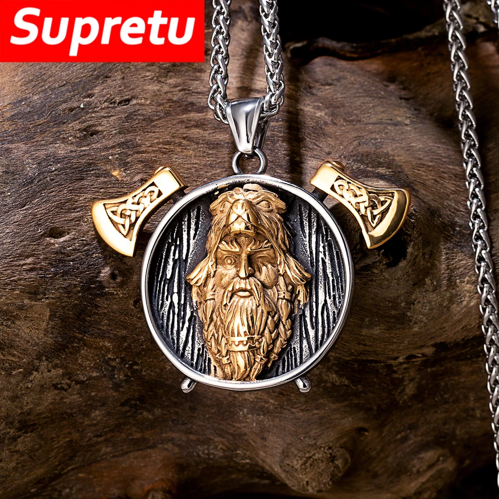 Punk Vikings Odin Warrior Axes Necklace Men Stainless Steel Norse Mythology Coat Berserker Wolf Head Pendant Amulet Male Jewelry