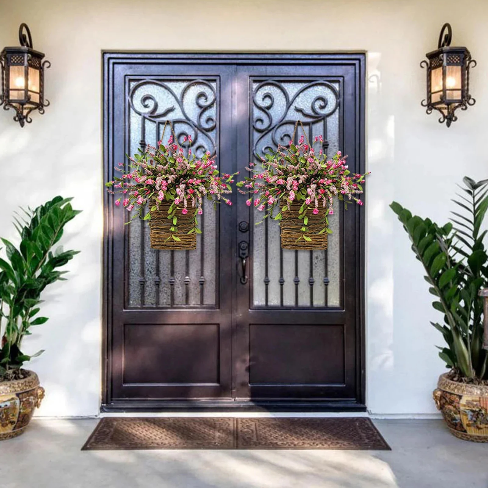Door Hanger Basket Wreath Artificial Flowers Basket Vintage Inspired Door Hanging Basket Style Wreath Home Front Door Decoration