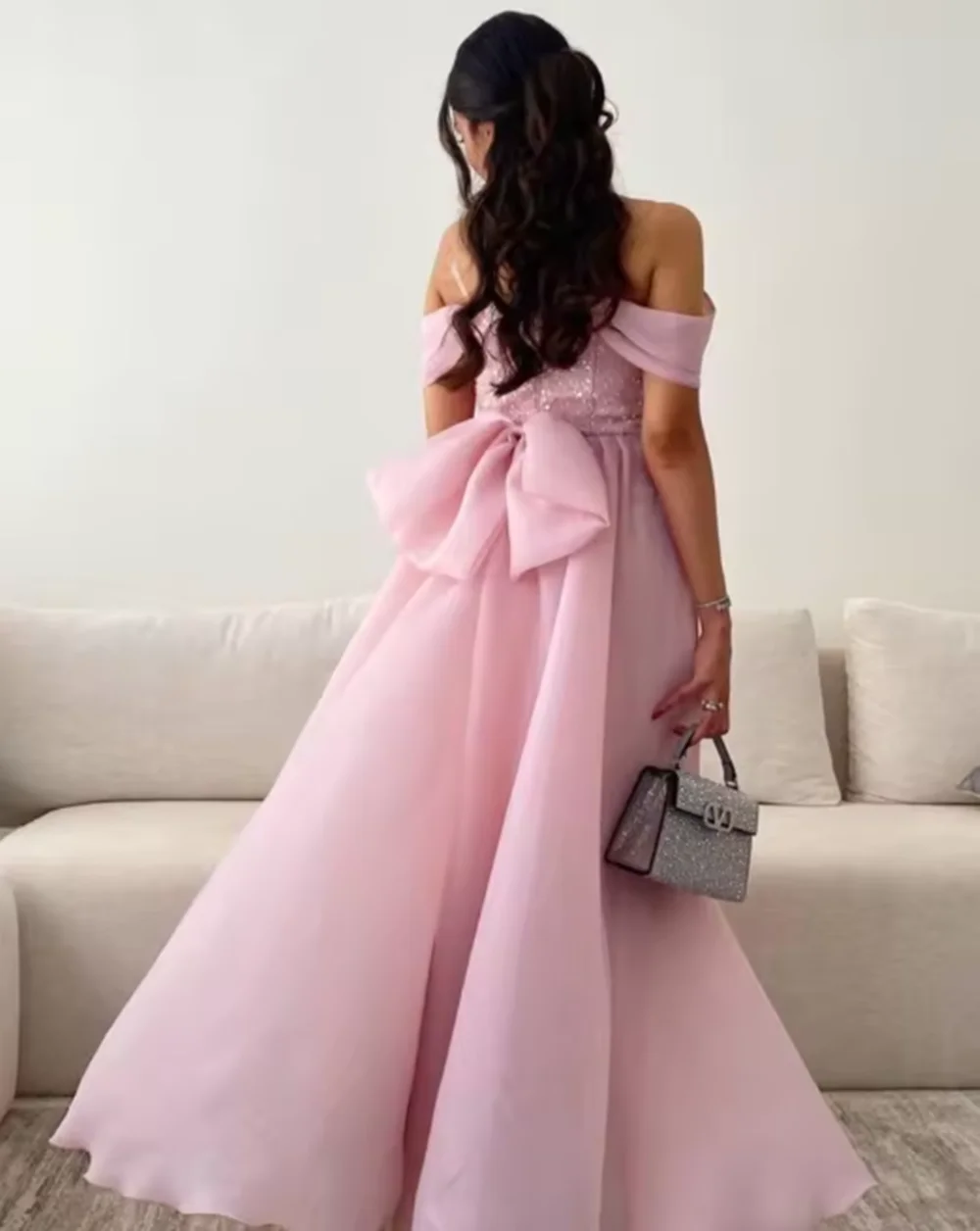 Pink Sequins Evening Dress Women Elegant Satin Off The Shoulder With Bow Bridal Formal Long Ball Gowns Trend Pageant Dress
