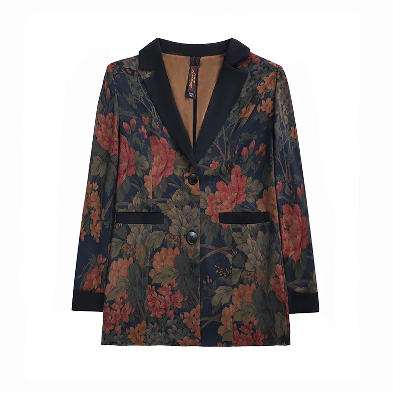 Vintage Printed Spliced Pockets All-match Blazer Women Clothing  Spring and Autumn Casual Tops Loose Office Lady Blazers