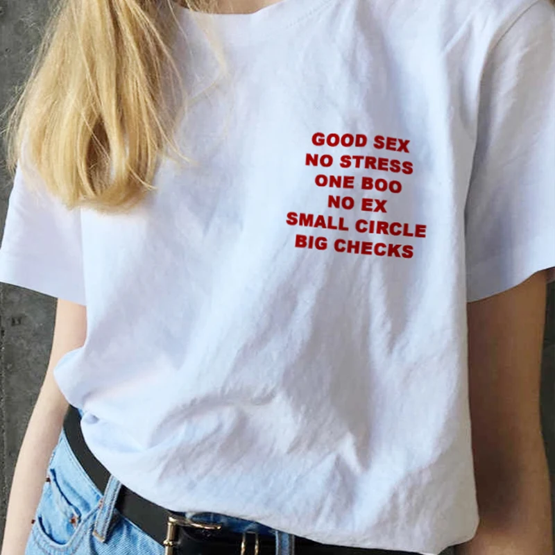 Good Sex No Stress One Boo No Ex Small Circle Big Checks Pocket Printed Women T Shirt Cotton Fashion T-shirt 90s Dropshipping