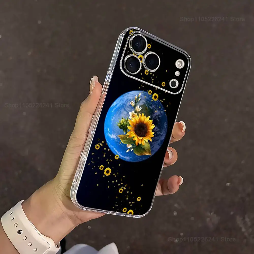 Botanische kunst zonnebloem voor iPhone 16,13,12,11,17,14,15,Pro,Max,Plus,X,XS,XR,SE,Mini transparant zacht siliconen hoesje
