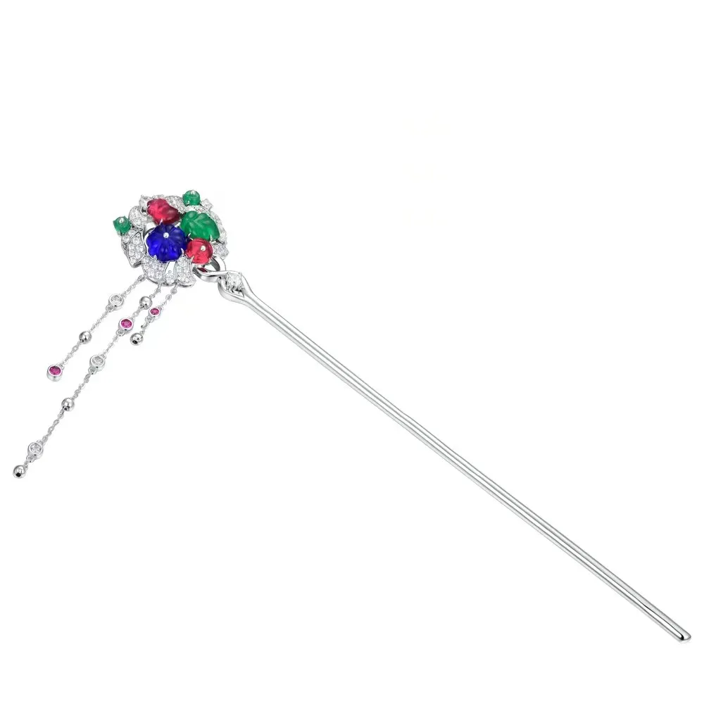 

ZOCA New Arrival 925 Sterling Silver Colorful Tassel Engraved Gemstones Hair Sticks For Women Hairpins Fine Jewelry Gifts