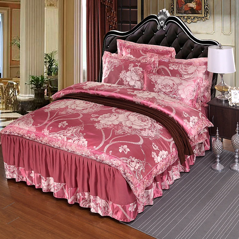 

Jacquard Lace Bedding Sets Luxury 4pcs Satin Cotton Duvet Cover Bed Skirt Bedspread Pillowcases Home Textile 180x200 CM