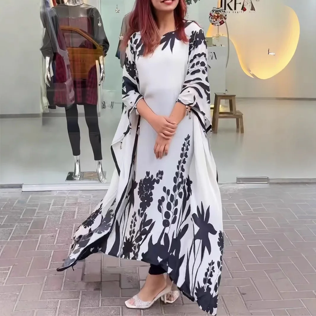 2025, unregelmäßiges Kleid für Damen, Blumendruck, lang, elegant, Rundhalsausschnitt, lockeres Boho-Kleid, modisches Urlaubs-Maxikleid mit Fledermausärmeln