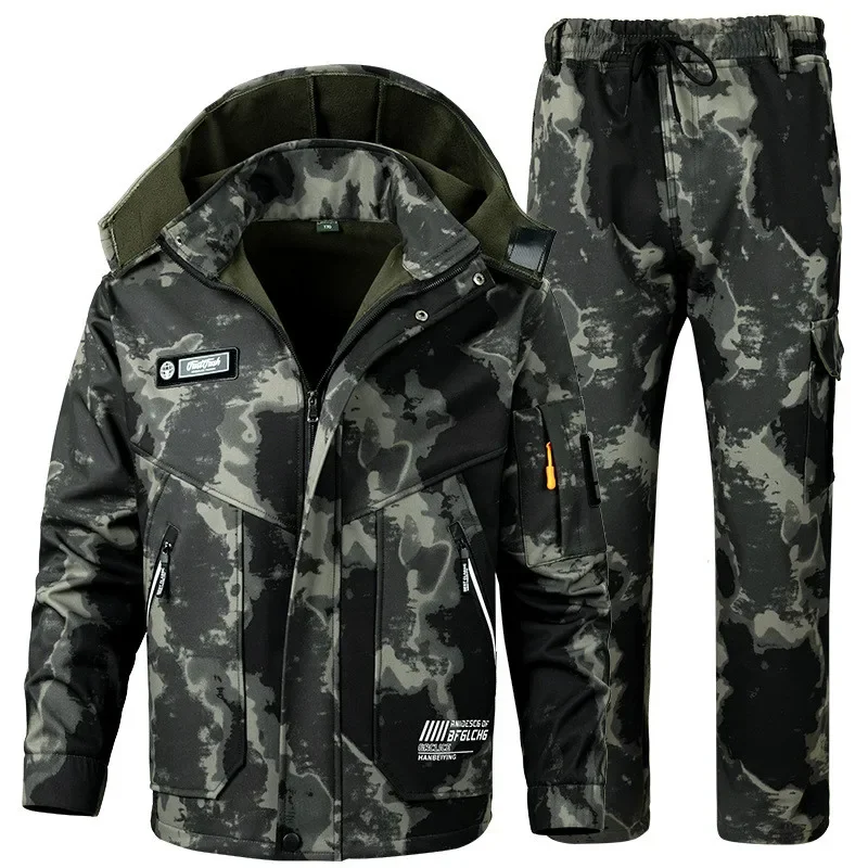 Mens Winter Combat ชุดหนา Hooded Warm Tactics 2 ชิ้นชุดกลางแจ้ง Windproof ขนแกะหลายกระเป๋า Tactics ชุด