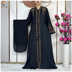 Open Style Muslim Prayer Dress for Women Abaya African Gold Rhinestone Long Cardigan Zipper Robe Dubai Islamic Clothing