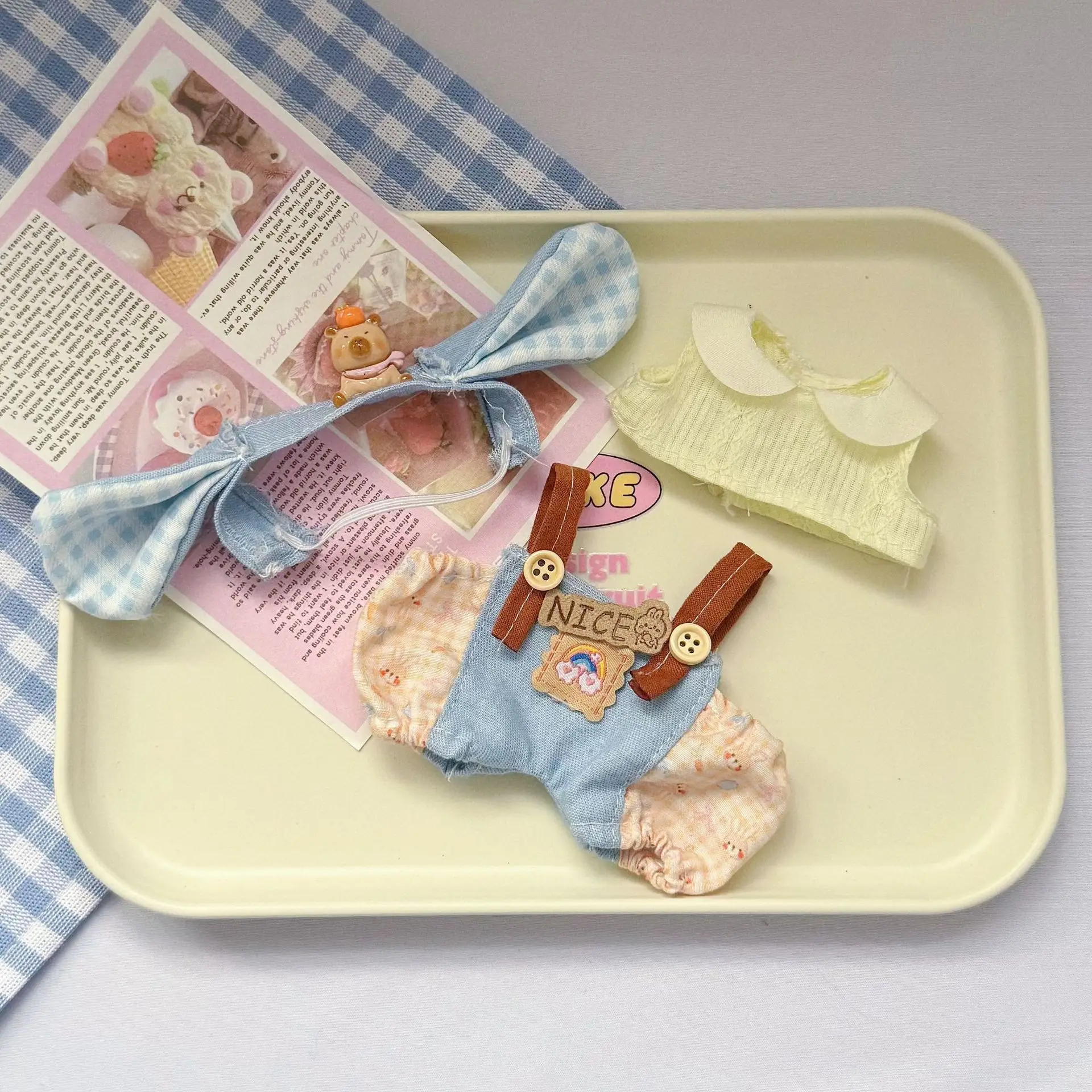 17 cm labubu doll clothing blind box, color-matching checkered overalls, hat, three-piece set, interchangeable