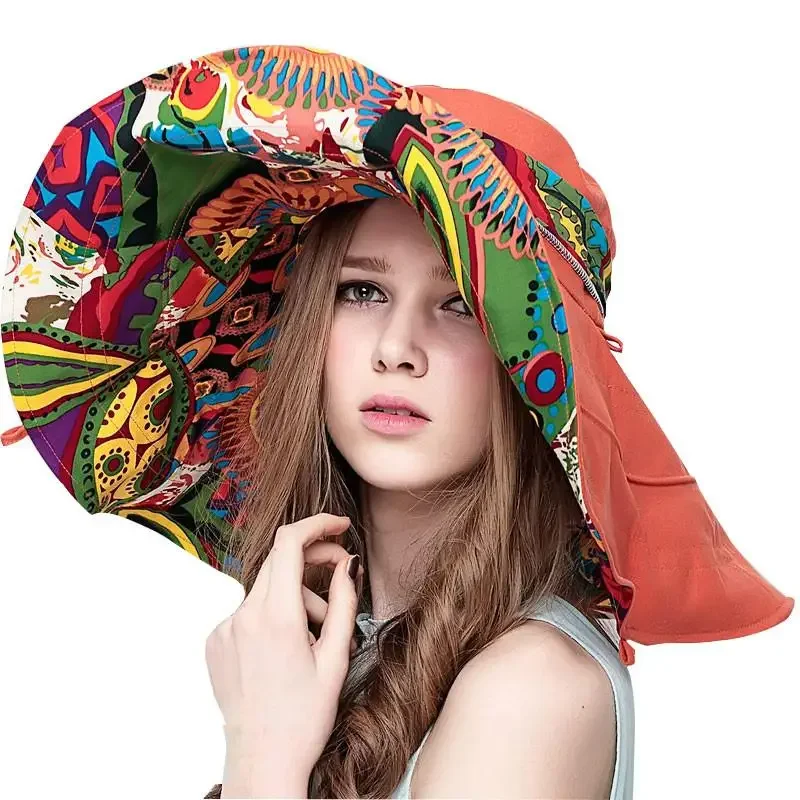 

Sun Hats for Women Summer Large Beach Hat Flower Printed Wide Brim Bob Chapeu Panama Feminino