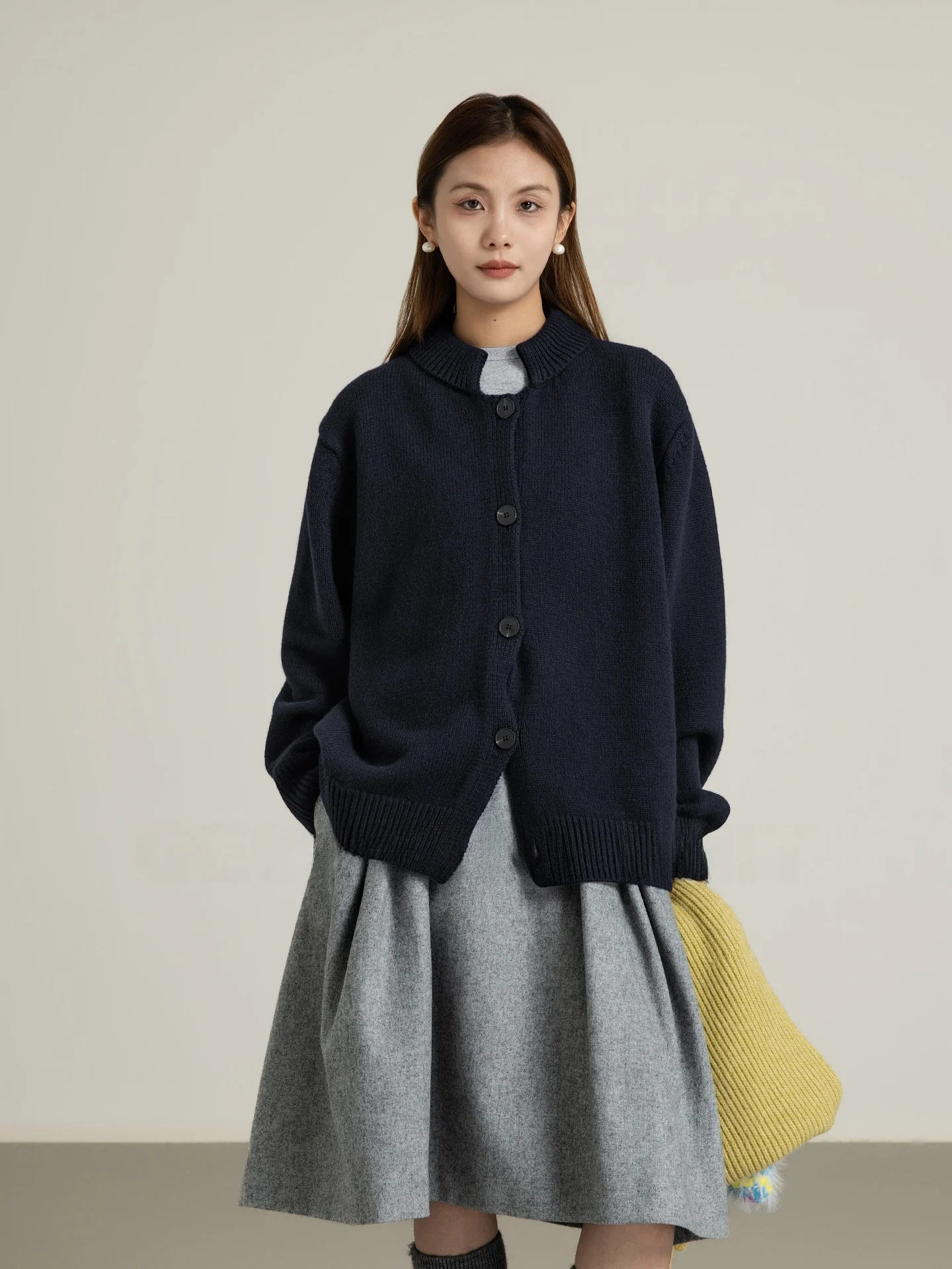 

Ретро-кардиган с двойным воротником-стойкой, вязаный, шерстяной, с геометрическим узором, однотонный, для ранней весны, в британском стиле, женский топ