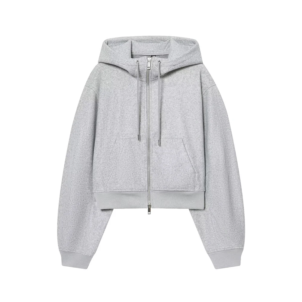 Light Gray Wool Blend Fabric Hooded Sweatshirt Zipper Design Coat Simple Long Sleeve Coat Daily Commute Casual Women Outerwear